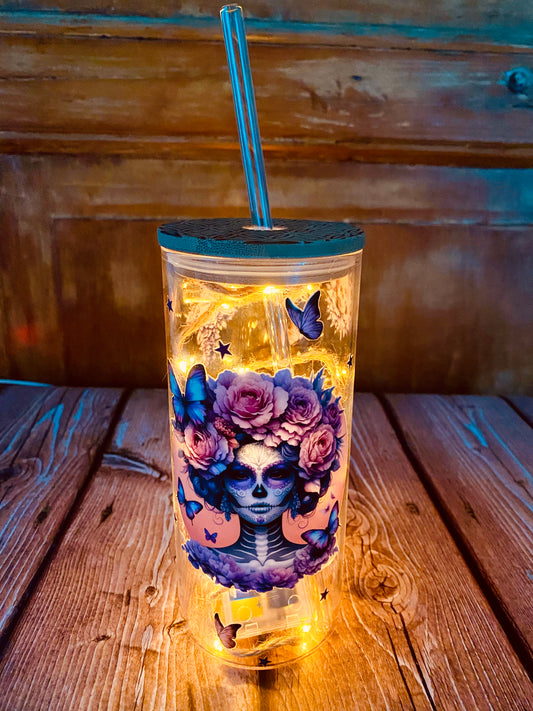 Verre avec paille en borosilicate 600 ml | Édition Calavera Florale | Grav' & Vous