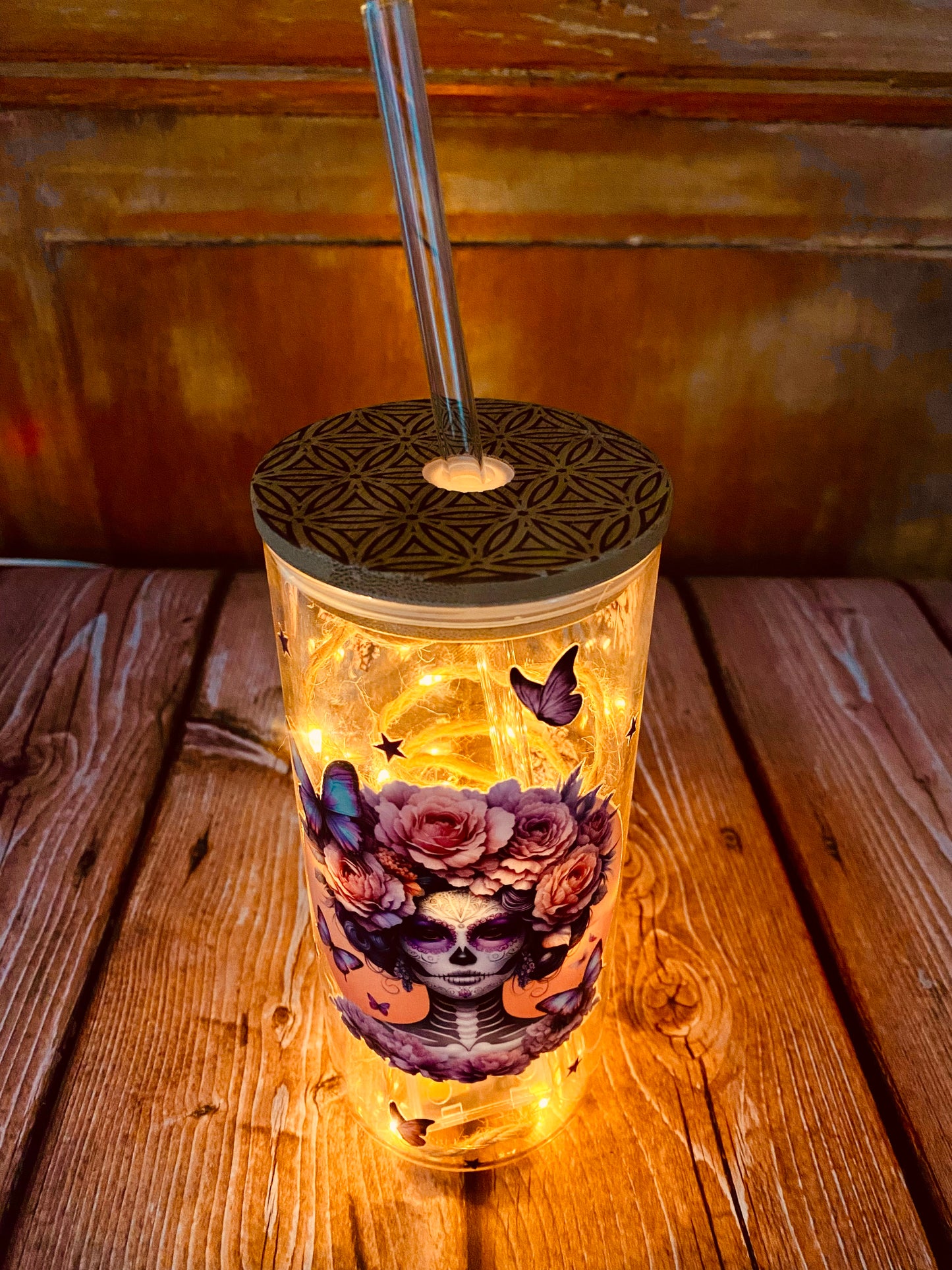 Verre avec paille en borosilicate 600 ml | Édition Calavera Florale | Grav' & Vous