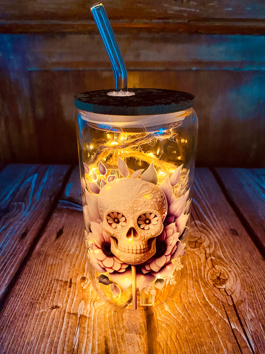 Verre avec paille en borosilicate 500 ml | Édition Calavera Florale | Grav' & Vous