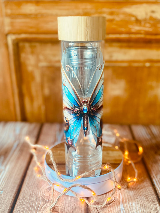 Bouteille à thé double paroi 330 ml | Édition Papillon Steampunk Bleu | Grav' & Vous
