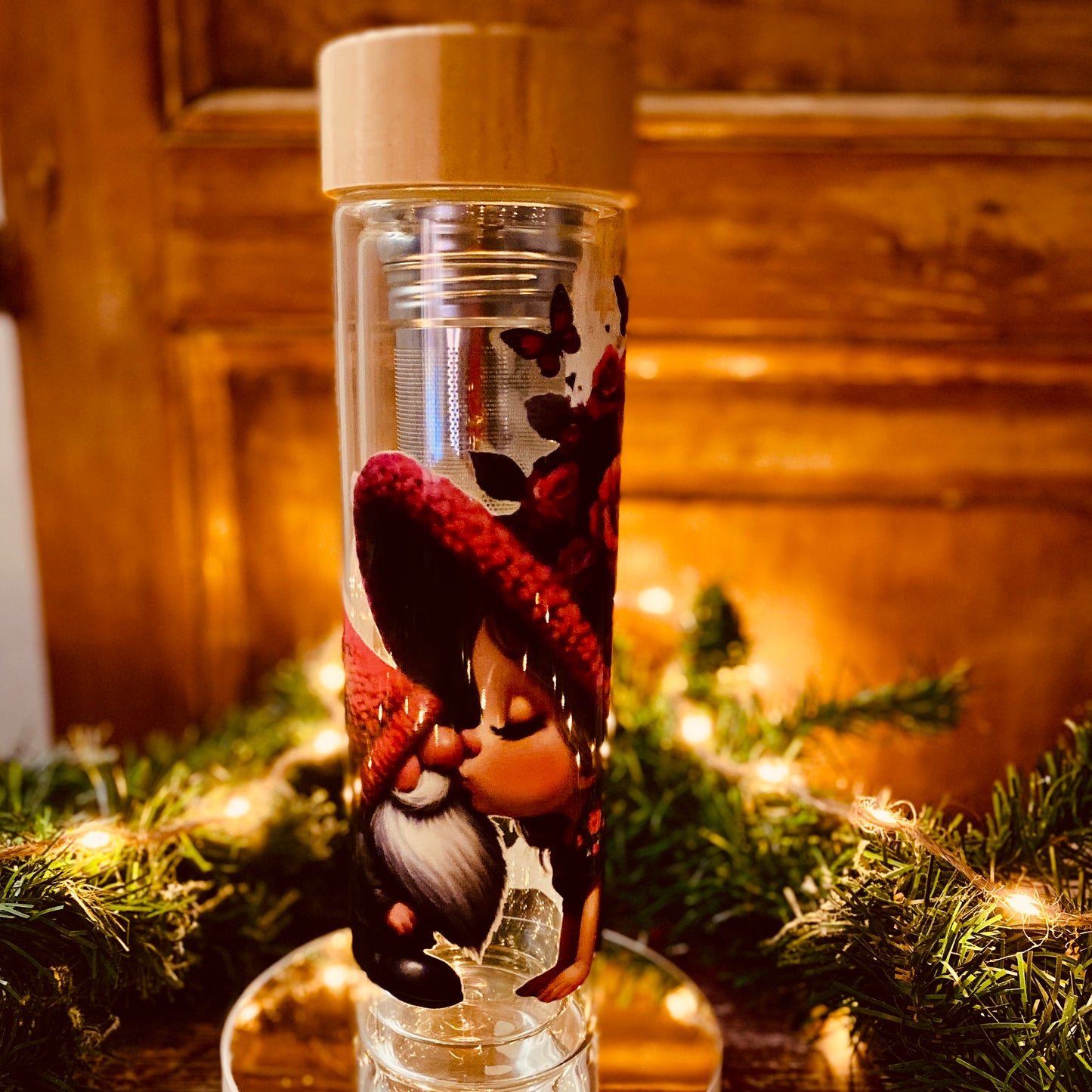 NOËL | Bouteille à thé double paroi – Édition Rose & Papillon (450 ml) | Grav' & Vous