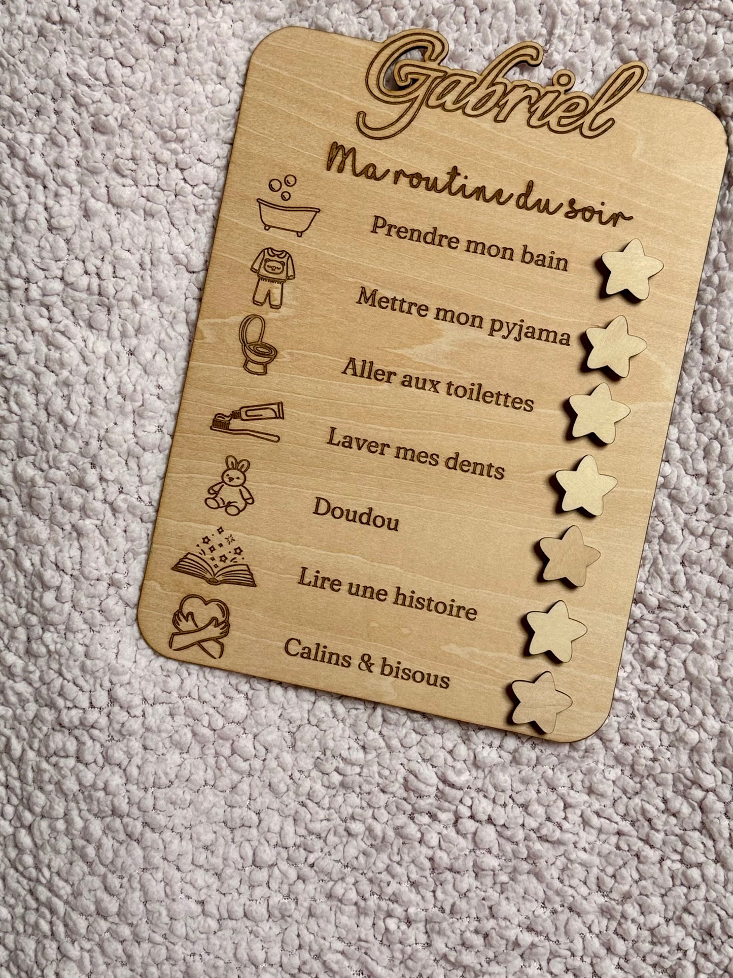 Planche de routine du soir avec étoile, Montessori