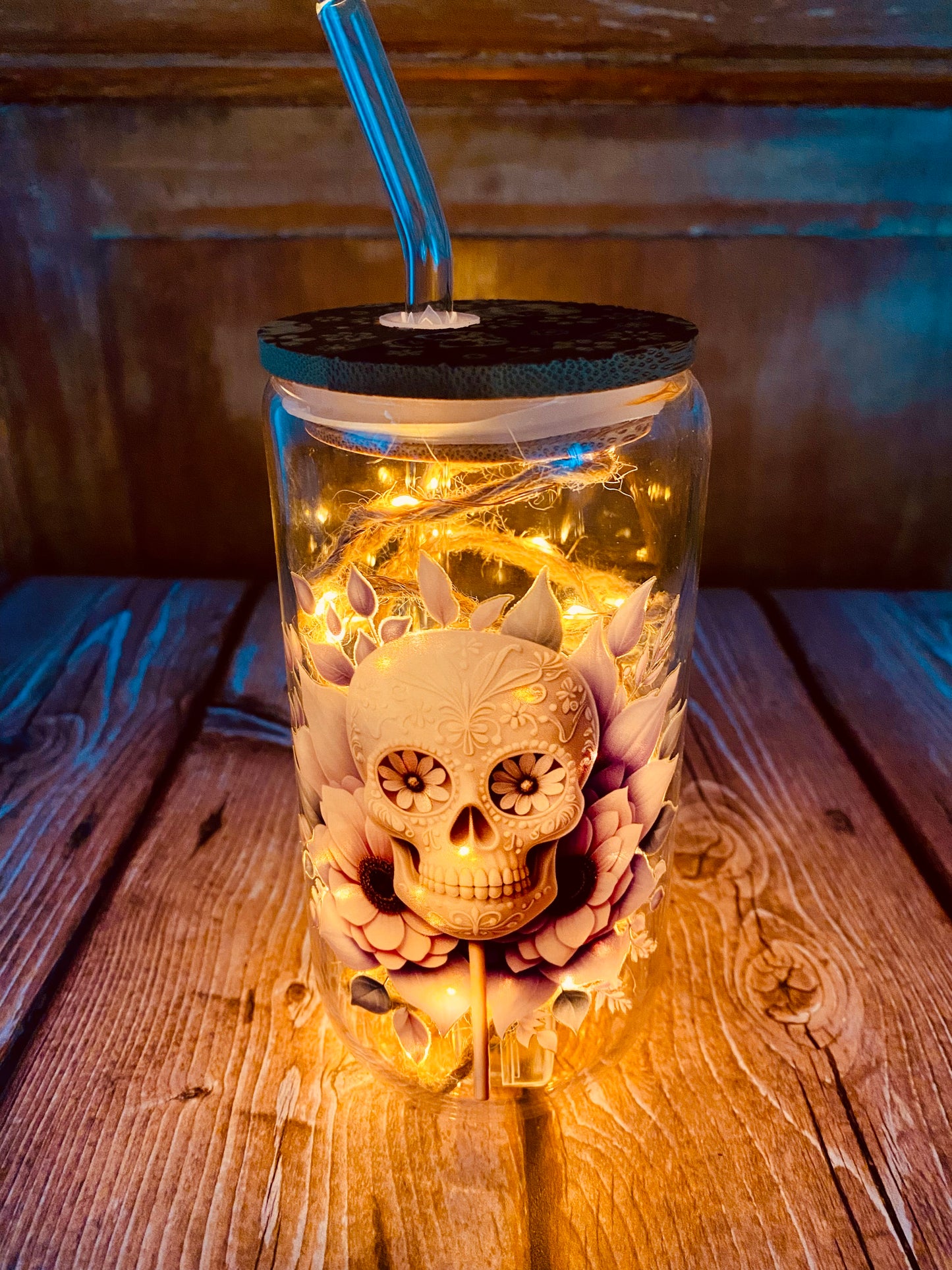 Verre avec paille en borosilicate 500 ml | Édition Calavera Florale | Grav' & Vous