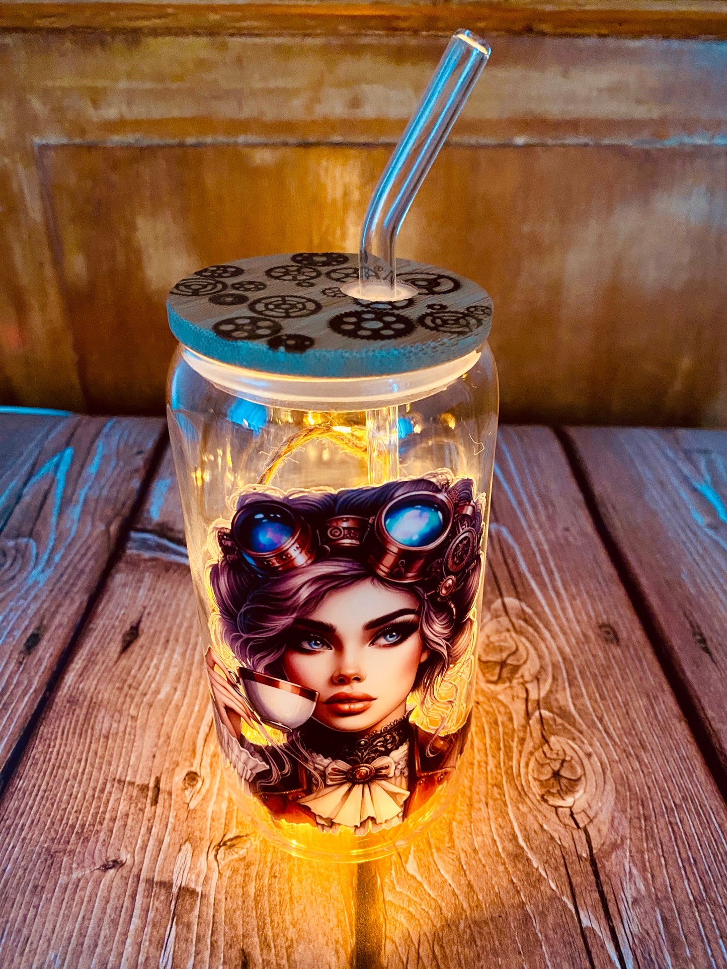 Verre avec paille en borosilicate 500 ml | Édition Steampunk Café | Grav' & Vous