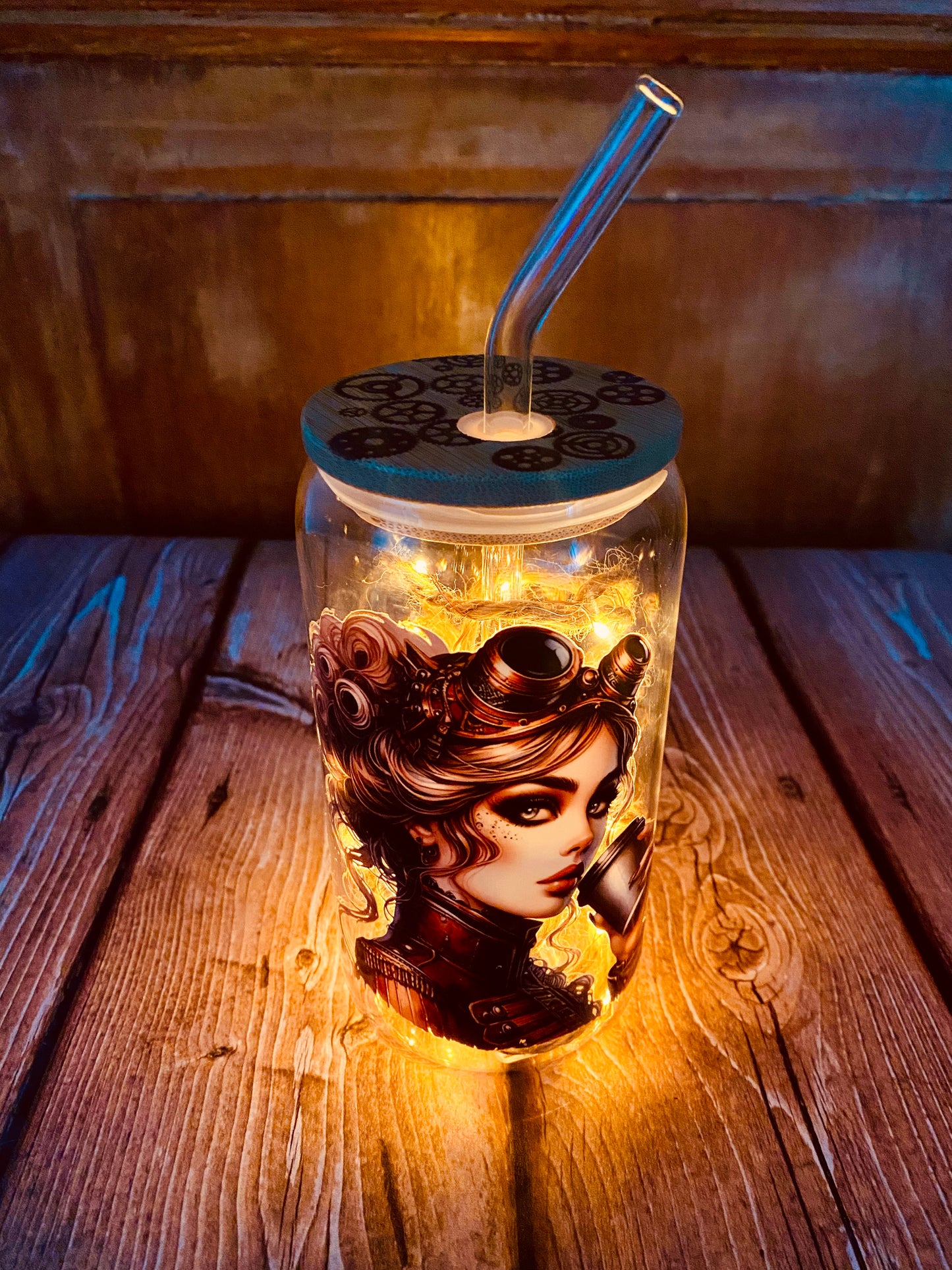 Verre avec paille en borosilicate 500 ml | Édition Steampunk | Grav' & Vous