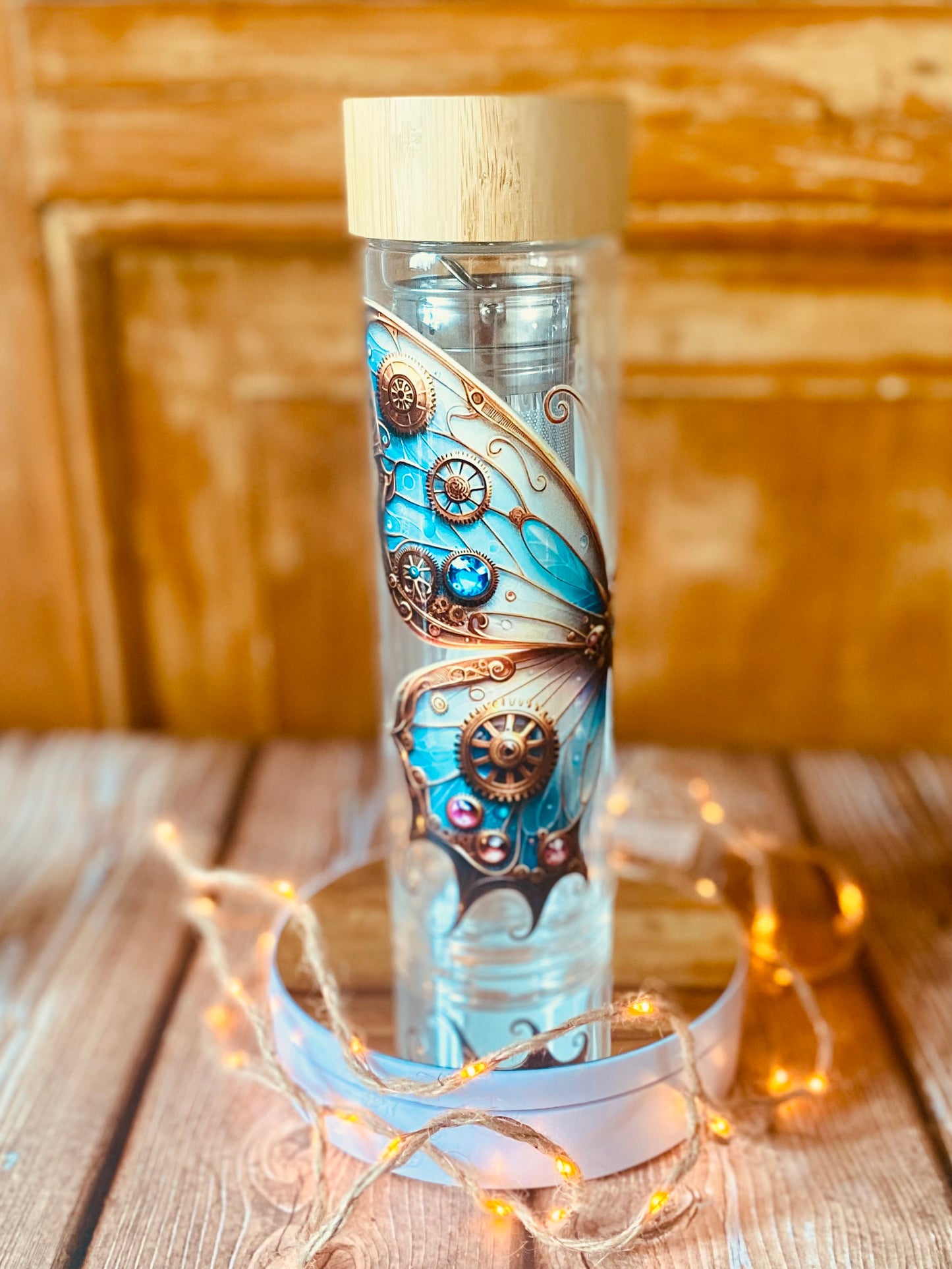 Bouteille à thé double paroi 330 ml | Édition Papillon Steampunk Bleu | Grav' & Vous