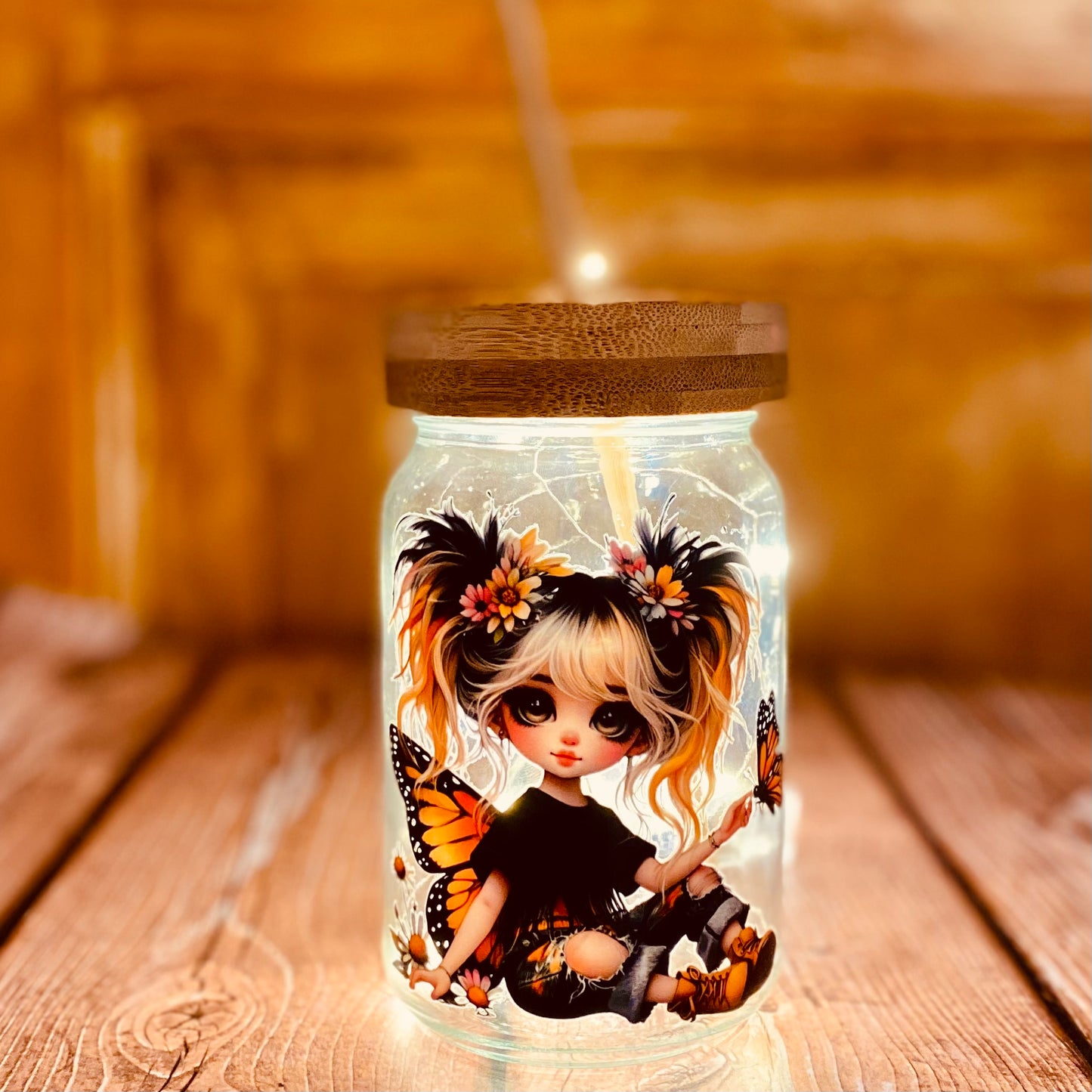 Verre à paille “Fée Papillon” | 400ml, couvercle & paille bambou | Grav' & Vous