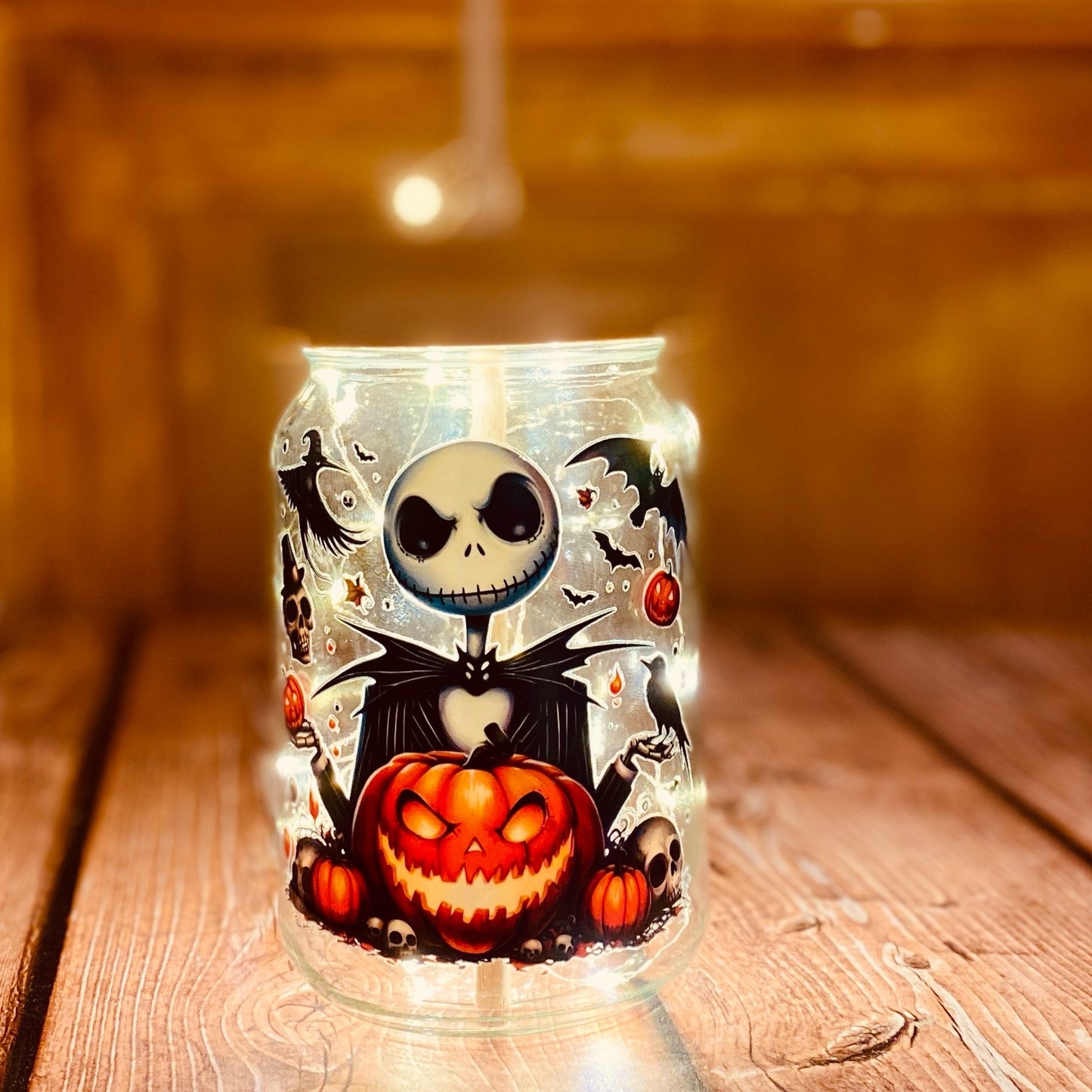 Verre à paille “Citrouille Nocturne” | 400ml, couvercle bambou gravé | Grav' & Vous