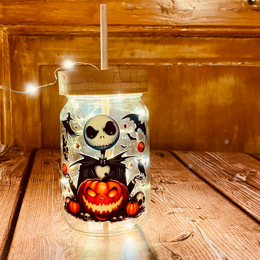 Verre à paille “Citrouille Nocturne” | 400ml, couvercle bambou gravé | Grav' & Vous